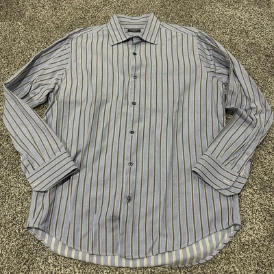 Saks Fifth Avenue Long Sleeve 17L Blue Brown Dress Button Down Shirt - Image 1 of 4