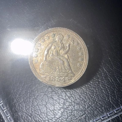 H10c old 1854 P Seated Half Dime Us Silver Coin AU with Arrows Toned American ms - Image 1 of 3