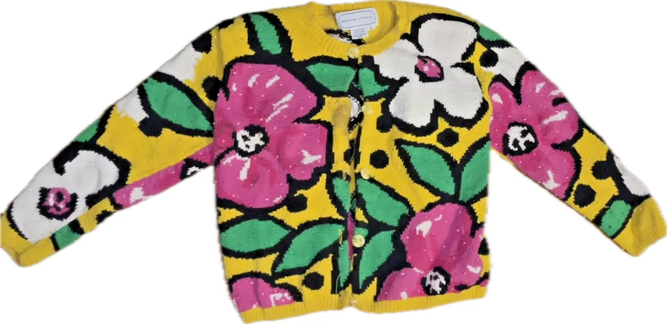 Suéter Cárdigan Adrienne Vittadini Mediano Vintage Amarillo/Rosa Floral, Cuentas Foto 1 de 4