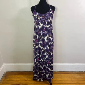 ELLE Purple Floral Print Maxi Dress Ruffle Trim Criss Cross Back Women's M - Picture 1 of 9