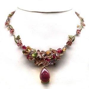 925 Silver Red Ruby, Citrine, Tsavorite, Tanzanite & Sapphire Necklace 18.0" - Picture 1 of 5