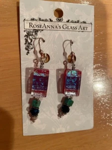 NEW Roseanna's glass art Dichroic glass dangle earrings HANDCRAFTED IN THE USA - Picture 1 of 2