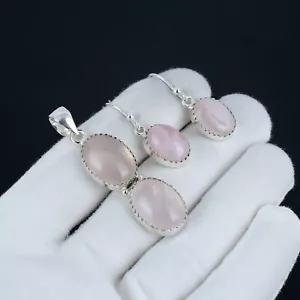 Quarzo Rosa Gemma 925 Pendente Argento Sterling E Orecchini Set Per Love Regali - Foto 1 di 4