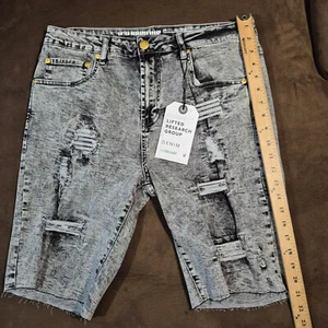LIFTED RESEARCH GROUP DENIM SHORTS RAW HEM TRUE TAPER DISTRESSED ACID WASH 32x9 - Picture 1 of 12