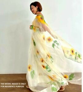 Women's Organza White Saree Sunflower Digital Print Casual Summer Fall Wear Sari
