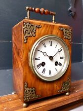 Antique 19th C Wood Brass Carriage Mantel Clock,JAPY FRERES Movement,Enamel Dial