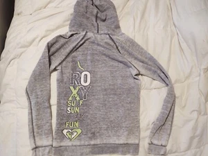 Roxy Jacket Girls Size Large Gray Hooded Hoodie Full Zip Distressed Pink Hearts - Picture 1 of 4