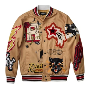 Reason Varsity Jacke Herren Khaki Poly Wolle Unikat Patches Letterman - Bild 1 von 8