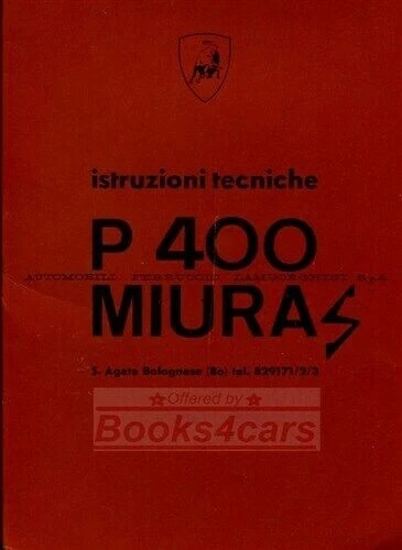 MIURA SHOP MANUAL LAMBORGHINI SERVICE REPAIR P400 S WORKSHOP BOOK TECHNICHE - Image 1 of 1