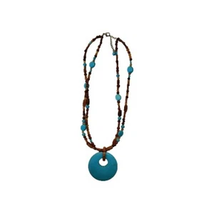 Vintage Coldwater Creek 18" Faux Turquoise & Wood Double Strand Necklace - Picture 1 of 4