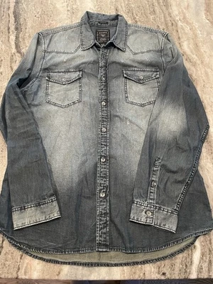Guess Men’s Distressed Denim Button Up Shirt. Dark Blue. XL - Image 1 of 4