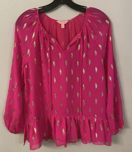Lilly Pulitzer Tensley Blouse Silk Hot Pink Metallic Lined Womens Size XS - Picture 1 of 5