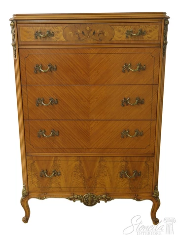 54804EC: Vintage French Louis XV Style Inlaid Satinwood High Chest Cover