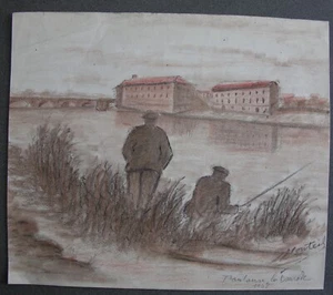 Toulouse – Quartier La Daurade Jacques MONTEIL. Dessin couleurs & Fusain, 1948. - Picture 1 of 1