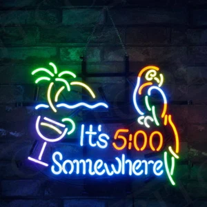 It's 5:00 Somewhere Parrot Neon Sign Light Tiki Bar Pub Wall Hanging Art 19"x15" - Picture 1 of 3