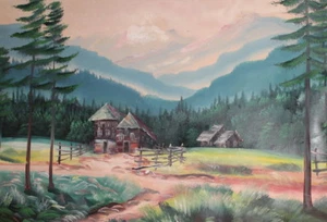 Vintage forest landscape large oil painting mountain houses - Picture 1 of 12