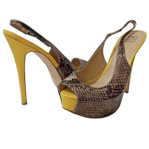 Saks Fifth Avenue Slingback Heel Women 8 M Yellow Leather Snake Print 5" Heel - Picture 1 of 6