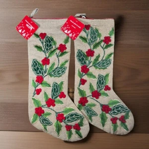 New With Tags Set Of 2 Christmas Stockings With Holly Design Handmade In India - Picture 1 of 7