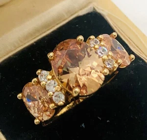Sterling Silver 18k Gold Vermeil 2ct Lab Created Topaz 3 Stone Ring 5.2gm Size 7 - Picture 1 of 8