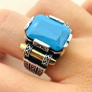 Mens Square Blue Turquoise Stone 925 Sterling Silver, Mens Handmade Jewelry