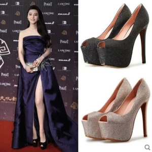 Banquet Super-High-Heels Pumps Evening Party Womens Shoes Sexy Peeptoe Sequins - Picture 1 of 8