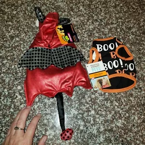 2 MARTHA ST DOG COSTUME X SMALL HALLOWEEN SEQUIN DEVIL DRAGON CAPE BOO SHIRT - Picture 1 of 5