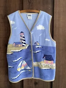 VINTAGE Grandpa Sweater Men/Women L Blue Fleece Vest Northern Reflections Boats - Picture 1 of 7