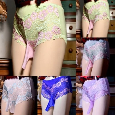 XL Size Men's Sexy Lace Briefs Underwear Sissy Pouch Open Close Sheath Panties - Image 1 of 4