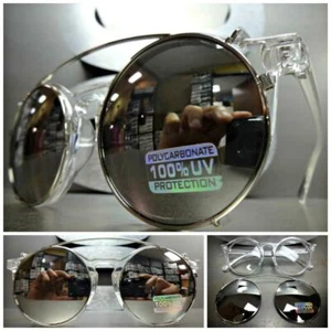 VINTAGE Style klare Linse ANCLIP AUF SONNENBRILLE rundes transparentes Rahmen verspiegelte Linse - Bild 1 von 12