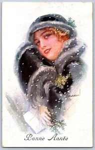 K17/ Künstler signierte Postkarte um 1910 Frau Neujahr Schneemuff 255 - Bild 1 von 4
