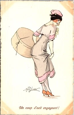 Postal a/s Prejelan Una Mirada Atractiva Dama Llevando Sombrero Caja Eleva Vestido 1912 Foto 1 de 2