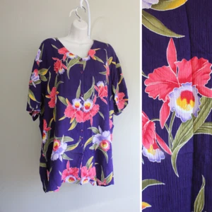 Womens 2X Aloha Shirt Purple Coral Floral Rayon Button Short Vintage 90s V Neck - Picture 1 of 7
