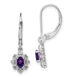925 Sterling Silver Amethyst Diamond Dangle Earrings - Picture 1 of 5