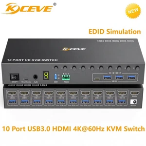 KVM Switch with EDID SimulationI 4K 60Hz USB3.0 HDM KVM Switcher for 10 Computer - Picture 1 of 23