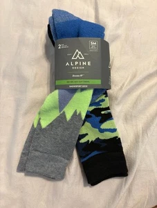 NWT 2 pack Boys Alpine Design Snowsport Socks- Camo and Peaks - Size Small 10-4 - Picture 1 of 3