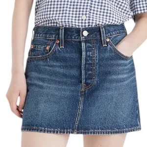 Levi’s Womens Icon Mini Denim Jean Skirt Size 33 Button Fly Dark Blue Classic - Picture 1 of 11