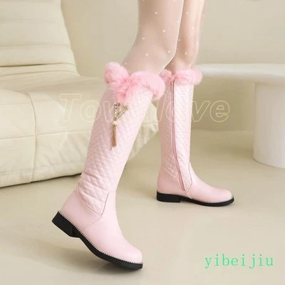 Winter Mid Calf Boots Flats Heel Casual Women's Comfort Zip Fur Trim Girls Shoes - Image 1 of 4