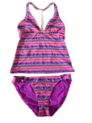 Camiseta Tankini Athleta * Talla M Top Talla L Parte Inferior** Rosa Púrpura Rayas Espalda en T Foto 1 de 4