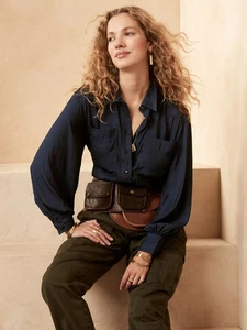 Banana Republic Women's Balloon-Sleeve Safari Shirt in Navy - 772406 Size M NWT - Picture 1 of 19