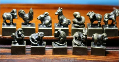 Bronze Chinese Zodiac Animal Rat Mice Ox Tiger Goat Seal Stamp Signet Set M012 - Image 1 of 4