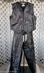 Western Cowboy Chaps & Vest Costume Adult Blk Faux Leather 2 Pc Lined Set Lg - Picture 1 of 8