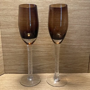 Pier 1 Crackle Glass Brown Set of 2 Champagne Flutes 9 7/8" Tall Mouth Blown - Picture 1 of 13