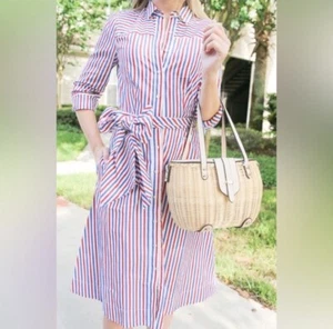J. Crew Red Blue Striped Cotton Tie Waist Midi Shirt Dress Size 6 - Picture 1 of 6