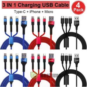 1-4 Pack Multi 3 in 1 USB Charger Charging Cable Cord Micro USB+iOS Port+Type C  - Picture 1 of 29