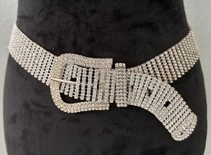 Vintage 1960s Prong Set Crystal Rhinestone Belt Size 29”-34” Silver Tone - Picture 1 of 22
