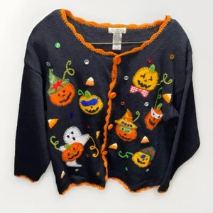 YarnWorks Apliques Halloween Calabaza Cremallera Completa Cárdigan Suéter Chaqueta Cremallera Grande - Imagen 1 de 14