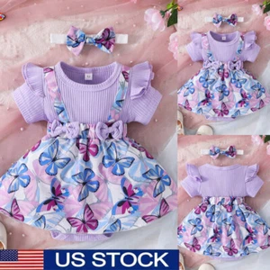 2PCS Baby Girls Clothes Bodysuit Short Sleeve Summer Outfit Romper with Headband - Picture 1 of 13