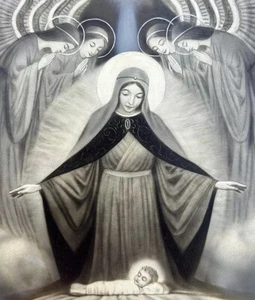 Vergine Maria Bambino Gesù e Angeli 1920 illustrazione artistica originale - Foto 1 di 4
