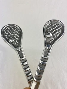 Set 2 Vintage Cast Metal Aluminum Tennis Racket Game Love Heart Salad Servers - Picture 1 of 12