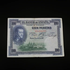 100 Pesetas Banknote Spain 1925 Engraved Felipe II Escorial Circulated - Picture 1 of 2